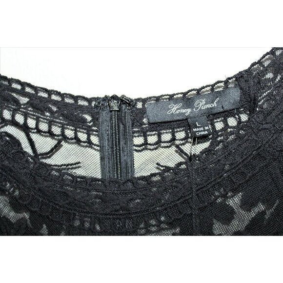 HONEY PUNCH BLACK LACE/sheer long sleeves scoop neck‎ MINI dress LARGE - Picture 5 of 9